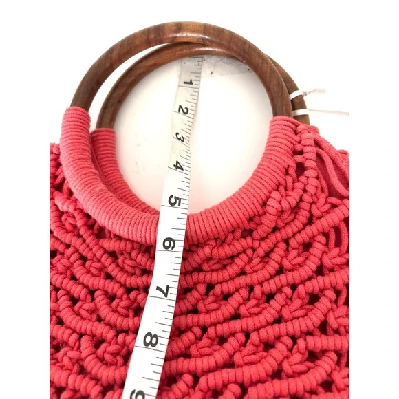 Sigrid Olsen Handcrafted Coral Crochet Tote Wooden Handles Resort Bag Lined NWT - Picture 10 of 16